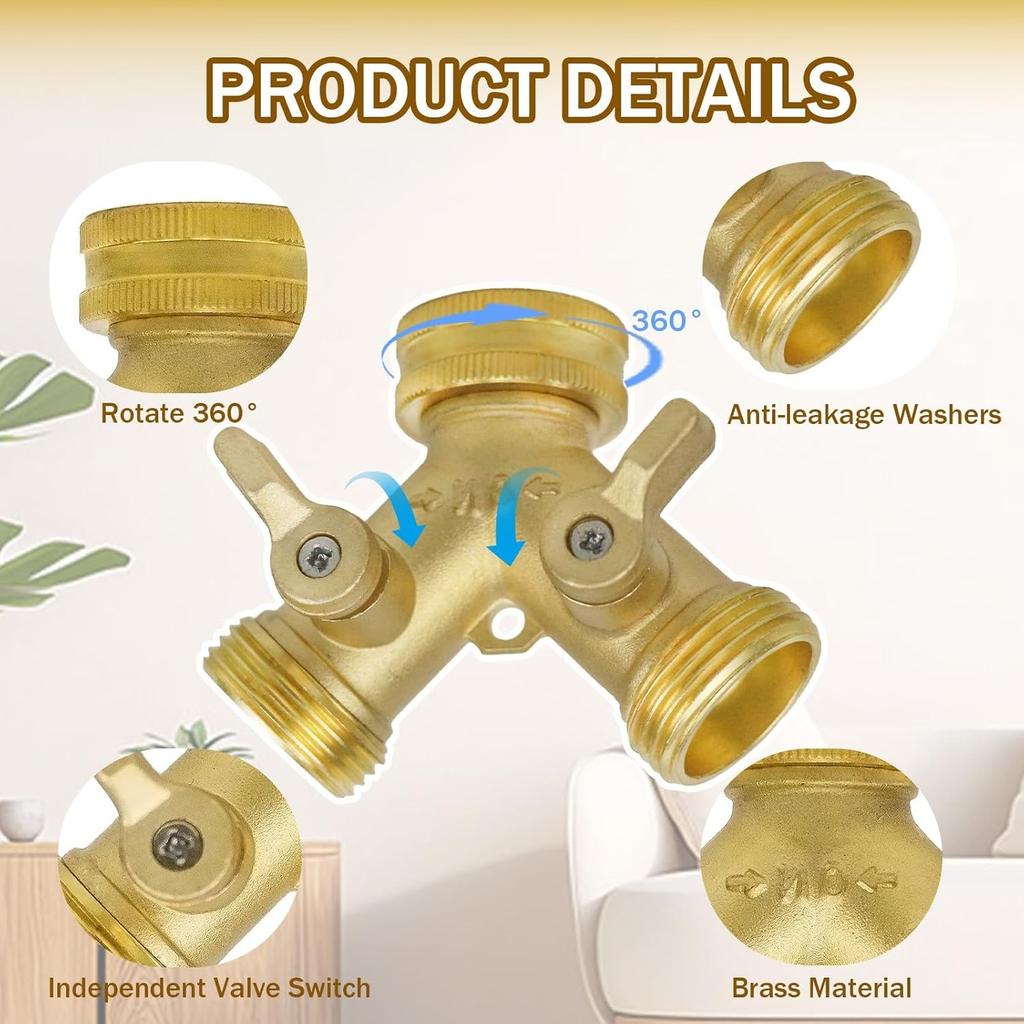 2 Way Brass Garden Tap Splitter, Double Way 3/4" Garden Hose Splitter Y Valve with Quick Individual On/Off Splitter Connector for Outdoor