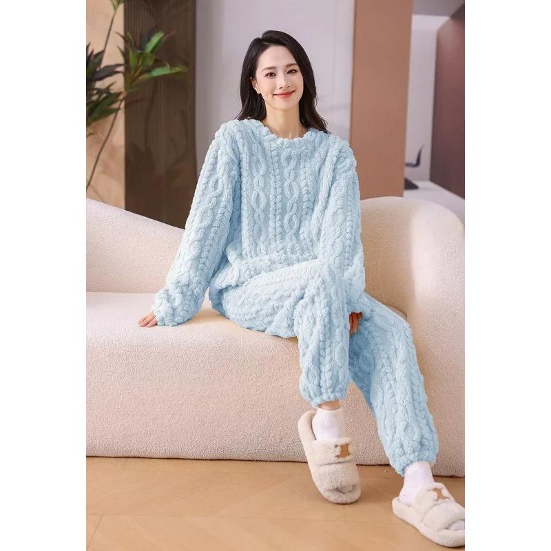 

Пижама женская зимняя теплая шу хлопковый бархат женский костюм утепленный утепленный домашняя одежда женская с длинными рукавами полосатая пижама One size синий