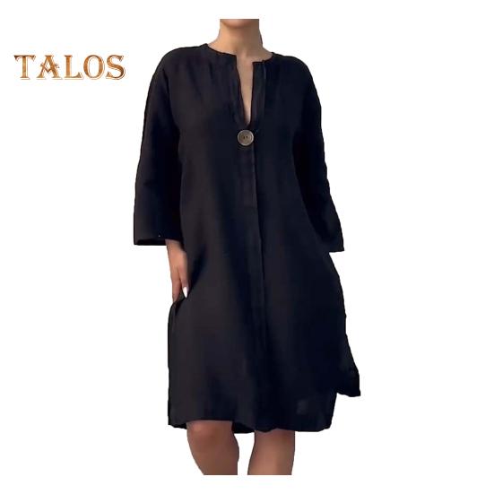 Robe mi-longue ample à col en V et manches trois-quarts pour femme, couleur unie, ourlet fendu, boutons décoratifs, tenue quotidienne décontractée