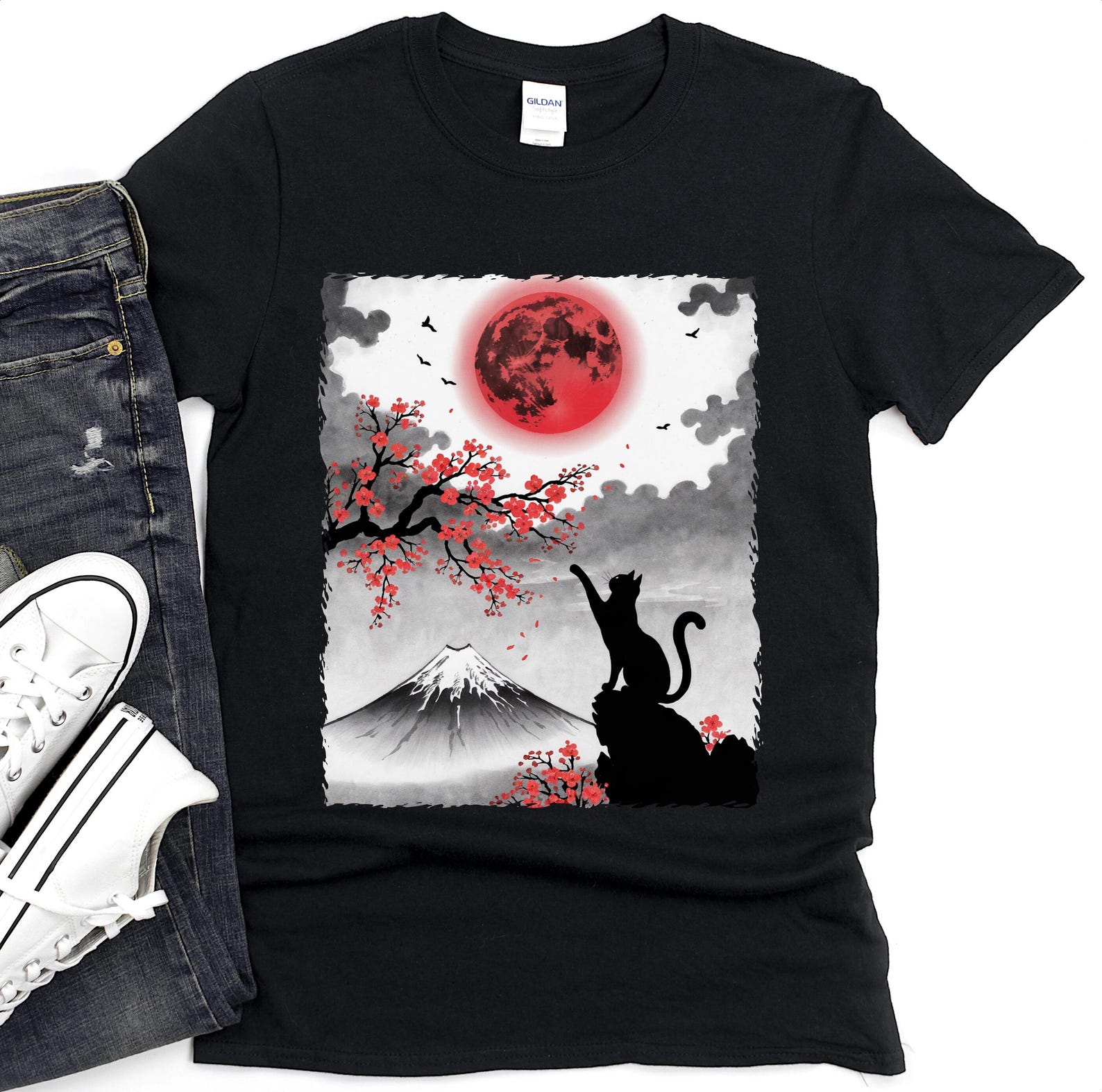 Black Cat Mount Fuji T-Shirt, Japanese Art Unisex Tee S