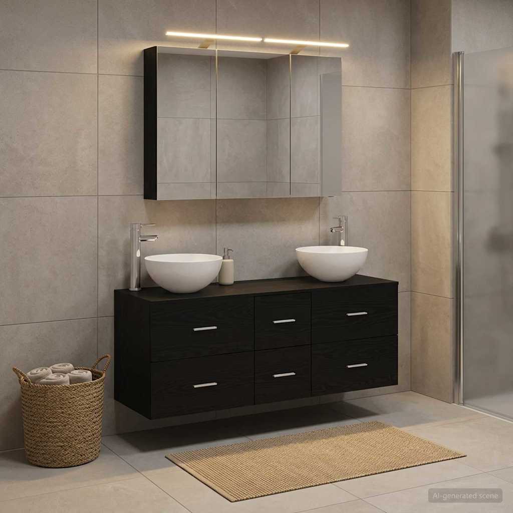 Bathroom Furniture Set 4 Pcs Black Oak Engineered Wood and Glass