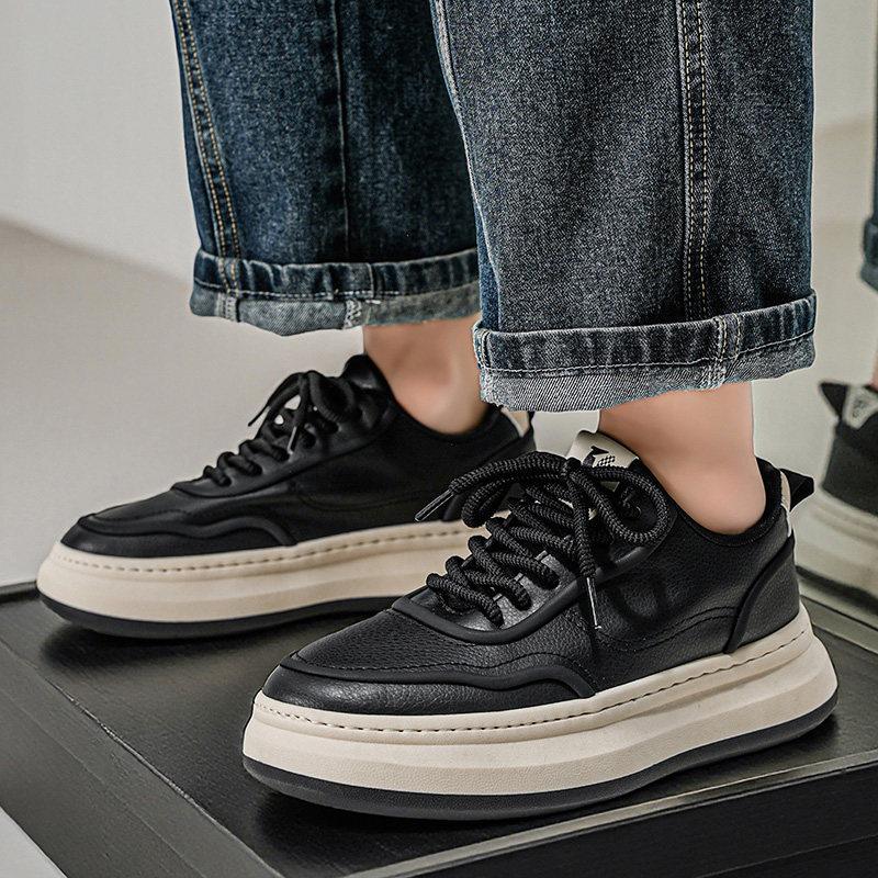 Spring high-end casual board shoes leather waterproof sports heightening black shoes