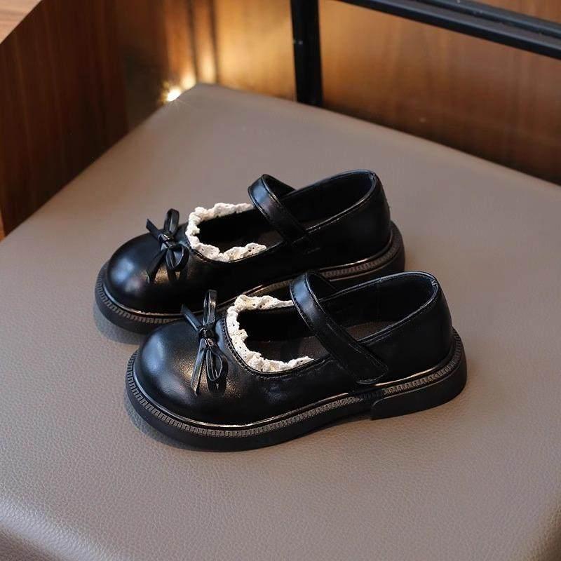 Girls' Lace Trim Bow Leather Mary Jane Shoes - Soft Sole Stylish Princess Shoes for Spring/Autumn 2025