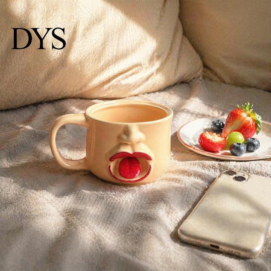 Unique Tongue Sticking Out Cup Quirky Ceramic Coffee Mug, 10oz 3D Sculpted Face Decorative Tea for Students Milk, Funny Creative Drinkware Home Office