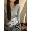 Kumikumi Simple Basic Style Solid Temperament Long Sleeve Knit Women Clothes Autumn Slimming Versatile Base Top