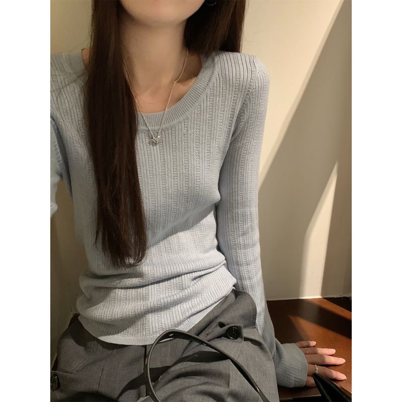 Kumikumi Simple Basic Style Solid Temperament Long Sleeve Knit Women Clothes Autumn Slimming Versatile Base Top