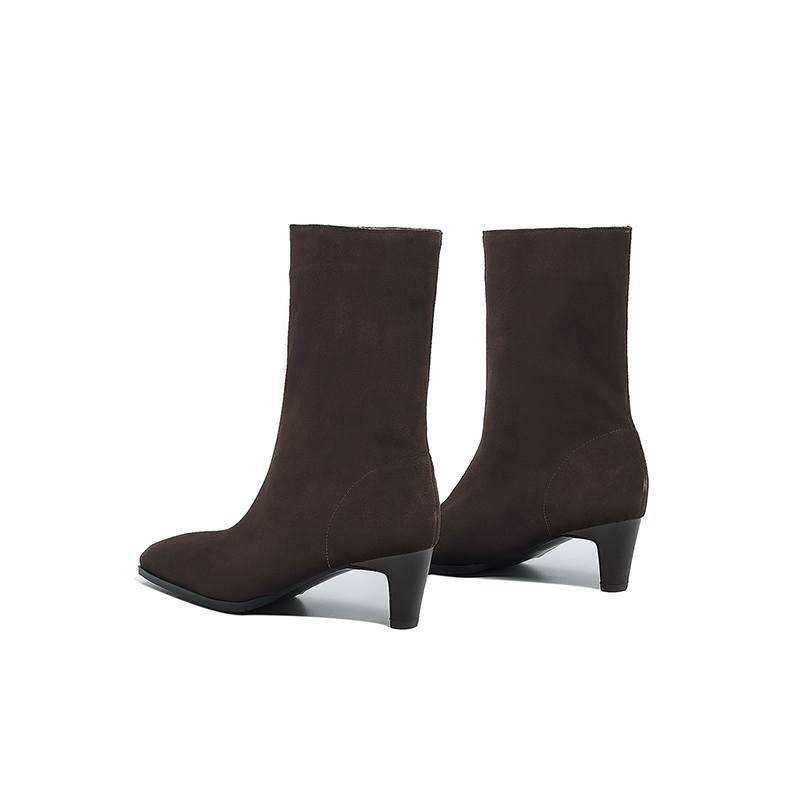 Krazing Pot Cow Suede Nubuck Autumn Winter Shoes Thick High Heels Big Size 43 Modern Boots Square Toe Keep Warm Slip on Mid-calf Boots