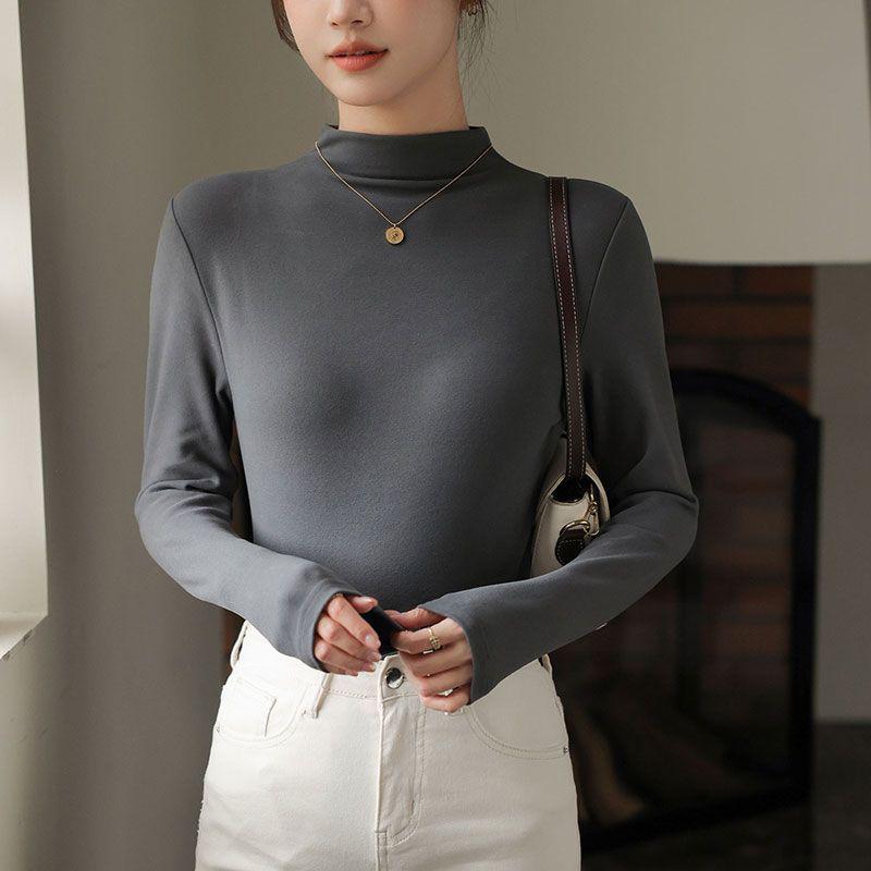 Women's Ribbed German Velvet Warm T-Shirt - Semi-High Neck, Solid Color, Autumn/Winter 2025 Collection