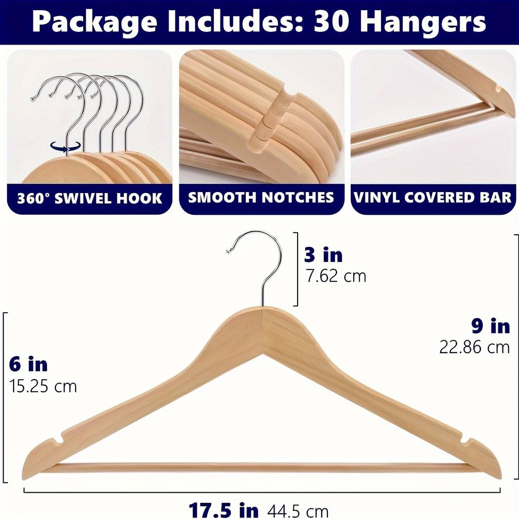 20pcs Non-Slip Wooden Clothes Hangers with Grooves, Solid Wood Drying Rack for Wardrobes, Bedrooms, Clothing Stores