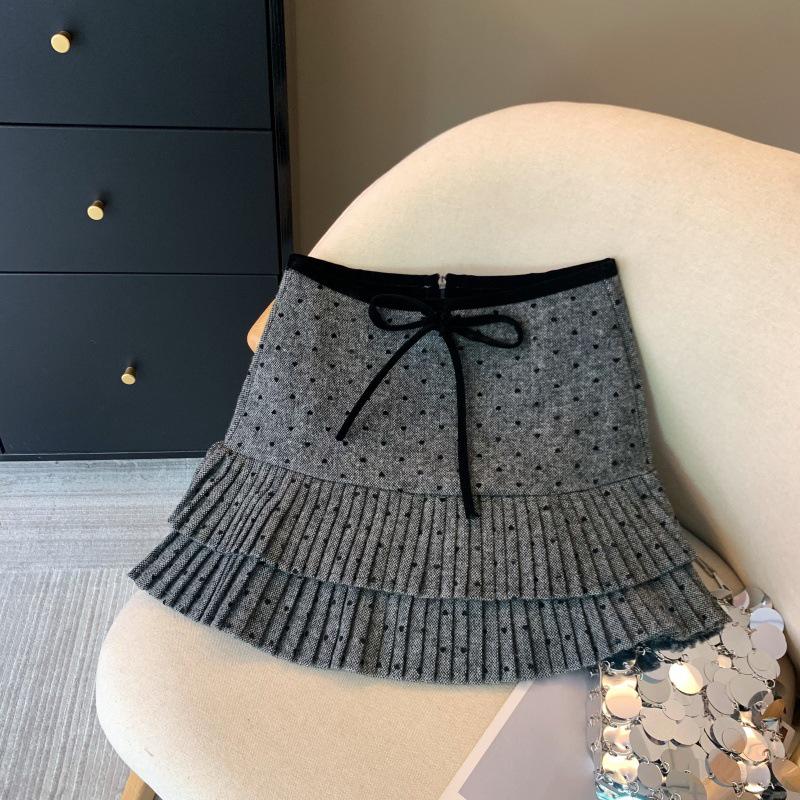 Gray Miu-style Heart Polka Dot Wool Blend High-Waisted Winter A-Line Bow Pleated Short Skirt for Women XL серый
