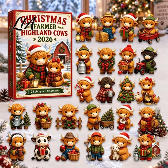 Farmhouse Style Seasonal Decor Christmas Highland Cow Advent Calendar, 24 Cute 3D Collectible Mini Thanksgiving Keepsake Gifts Figures, Holiday