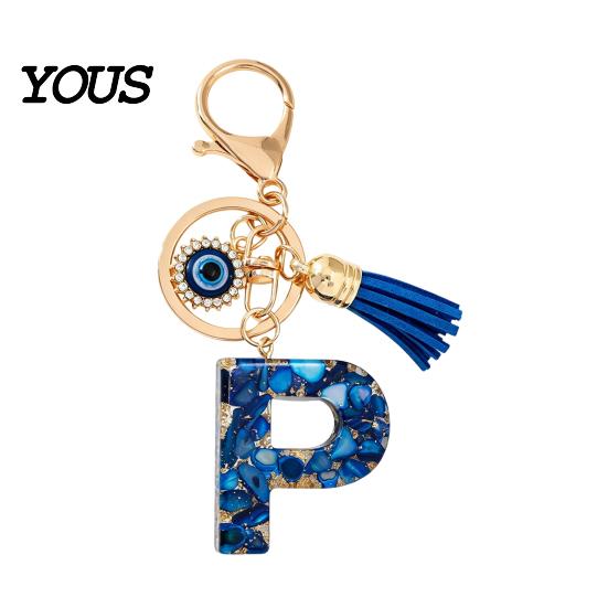 Blue Series Keychain Pendant Pendant, Initial Letter Charm Key Chain with Eyes Portable Organizer Tassel Design, A-Z Holder for Bags Backpacks