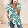 Women Plus Size Ethnic Printed V Neck Ring Zip Short Sleeve Loose Curved Hem Shirt