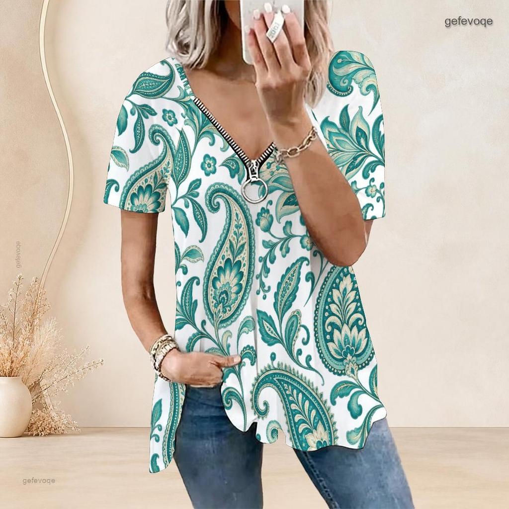 Women Plus Size Ethnic Printed V Neck Ring Zip Short Sleeve Loose Curved Hem Shirt