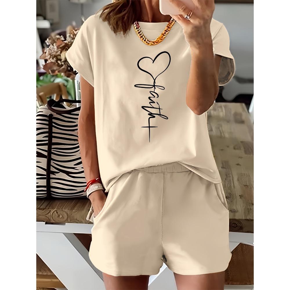 2026 Sommer Damen Modisches Herzförmiges Kreuz Print Lässiges Lockeres Rundhals Kurzarm T-Shirt Shorts Zweiteiliges Set
