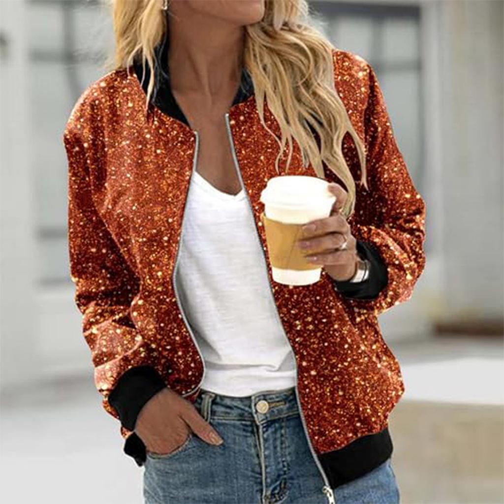 Women's Fashion Long Sleeve Sequin Print Round Neck Zip Jacket