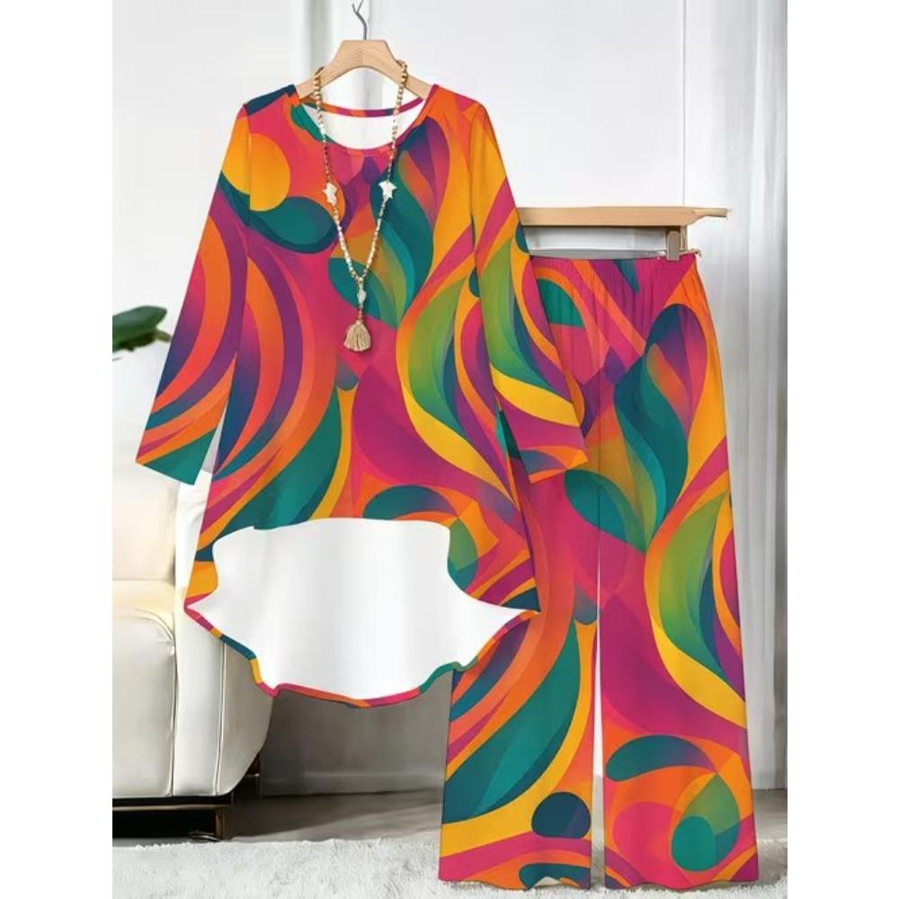 Marble Print Two Piece Outfit Women Long Sleeve Irregular Hem Tunic Top Wide Leg Pants Casual Matching Set