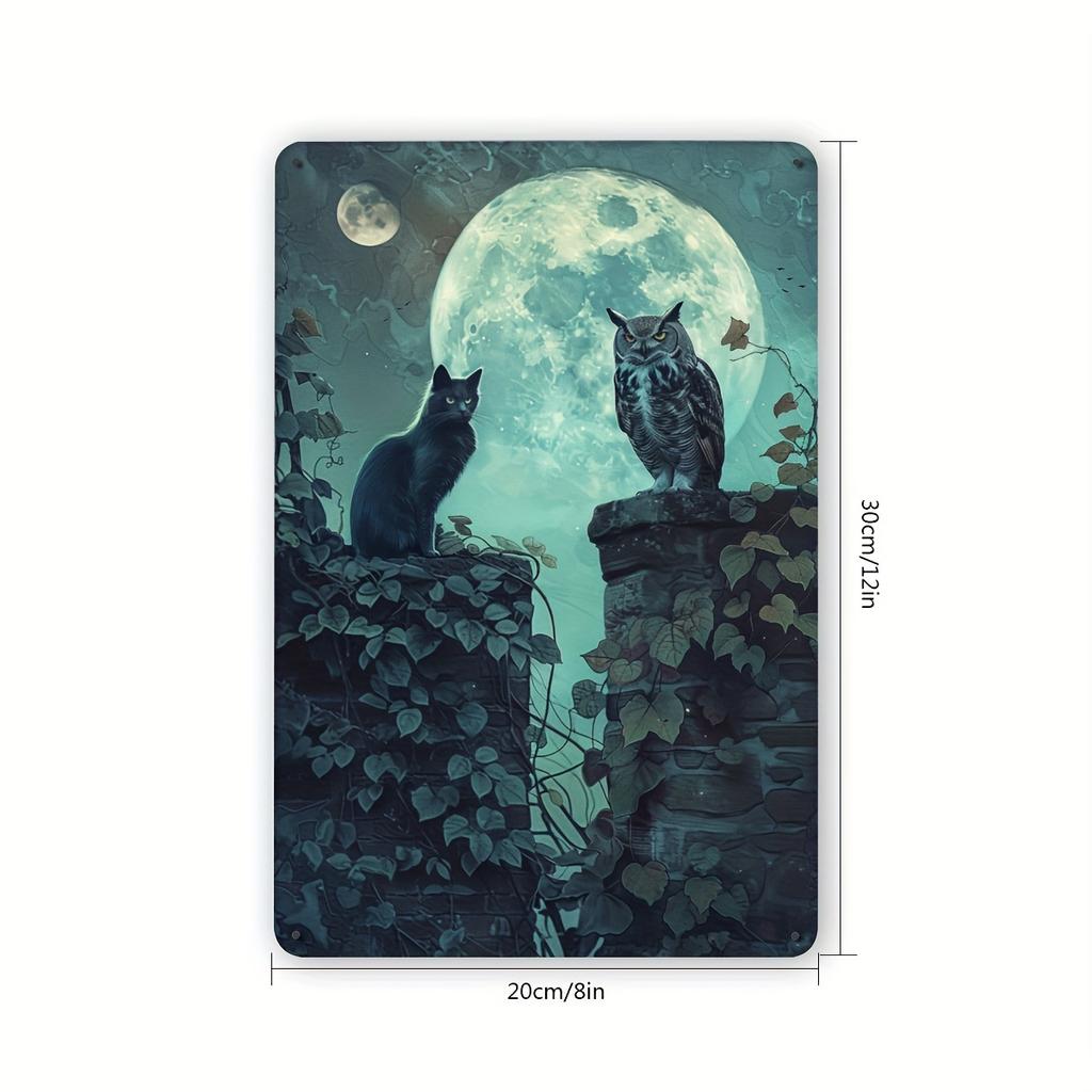 Nighttime Elegance Enchanting Moonlight Owl  Cat Metal Tin Sign  Rustic Wall Art with Full Moon Black Cat  Barnstone Scene