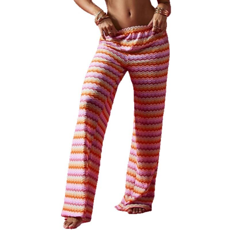 Womens Striped Wide Leg Pants Loose Casual Trousers Street Style Elastic Waist Mid-Stretch All Season