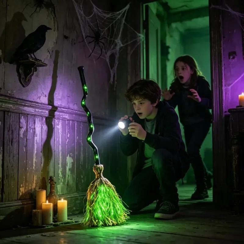 1-4PCS Halloween Magic Broom with Sound and Touch Activation Animated Light Up Moving Dancing Broomstick for Haunted Decoration