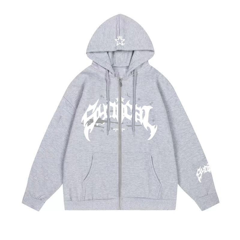 2024 New E-commerce Time American Retro Zipper Sweater Gothic Letter Star Print Hoodie Trendy Men's Casual Coat