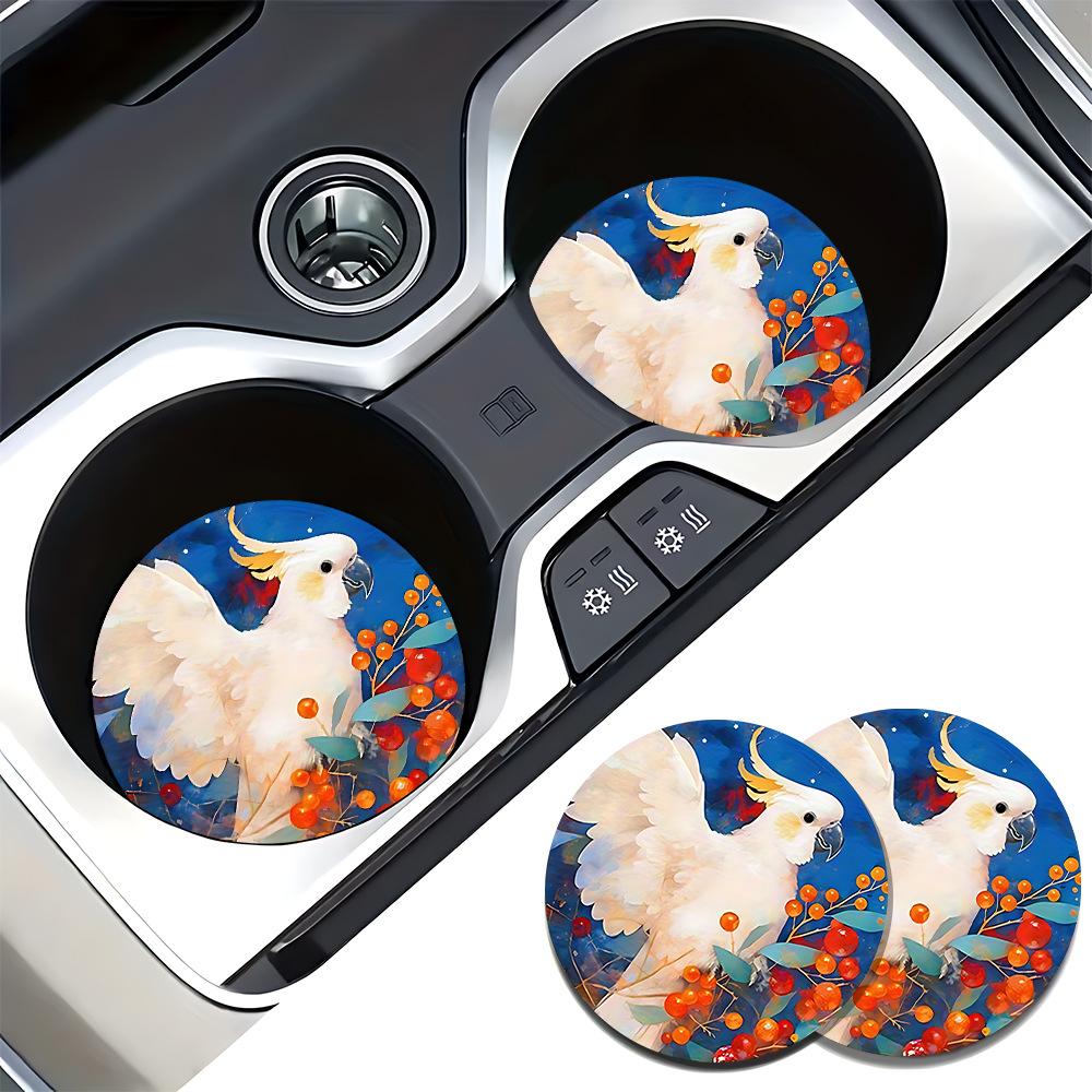 2PCS White Parrot Car Personalized Water Cup Mat Stand Anti Slip Mat Bottle Stand Cup Stand Car Interior Anti Slip Cup Stand