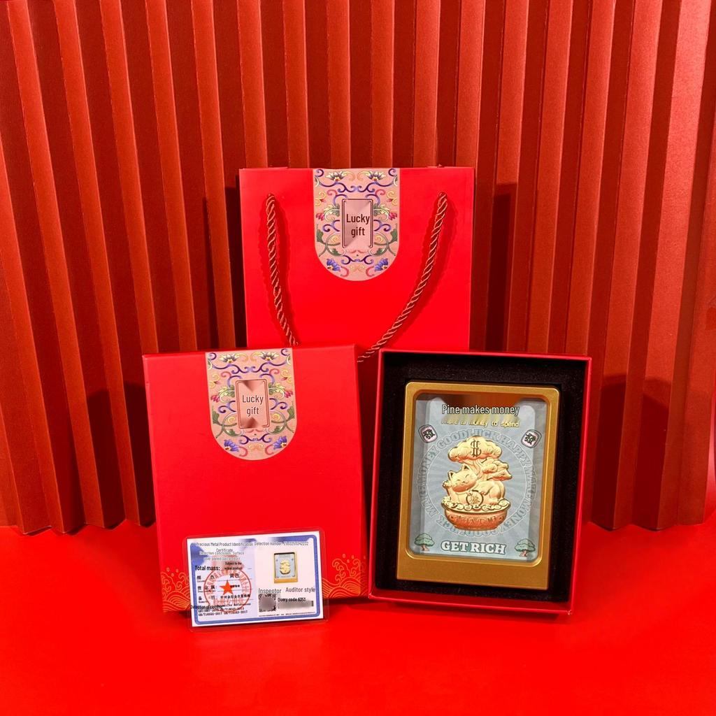 999 Fine Gold Pine Money Feng Shui Ornament Gift Box for Family and Friends