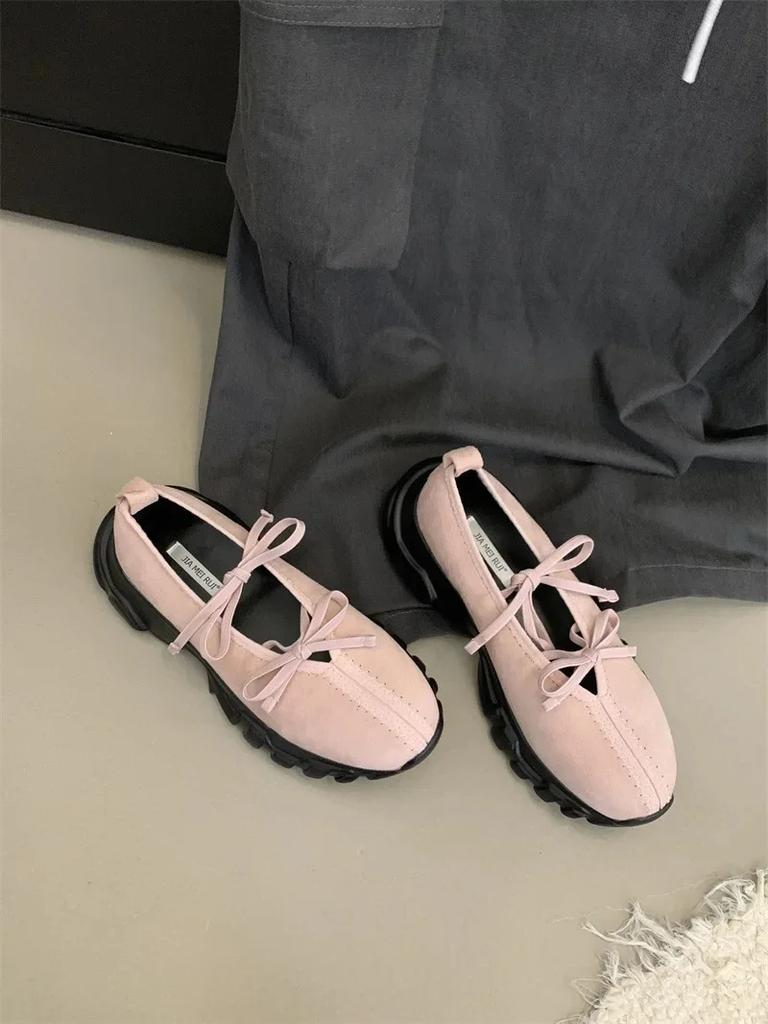 2025 Autumn New Style Korean Version French Style Round Toe Double Bow Thick Bottom Casual Fashionable Mary Jane Women's Shoes