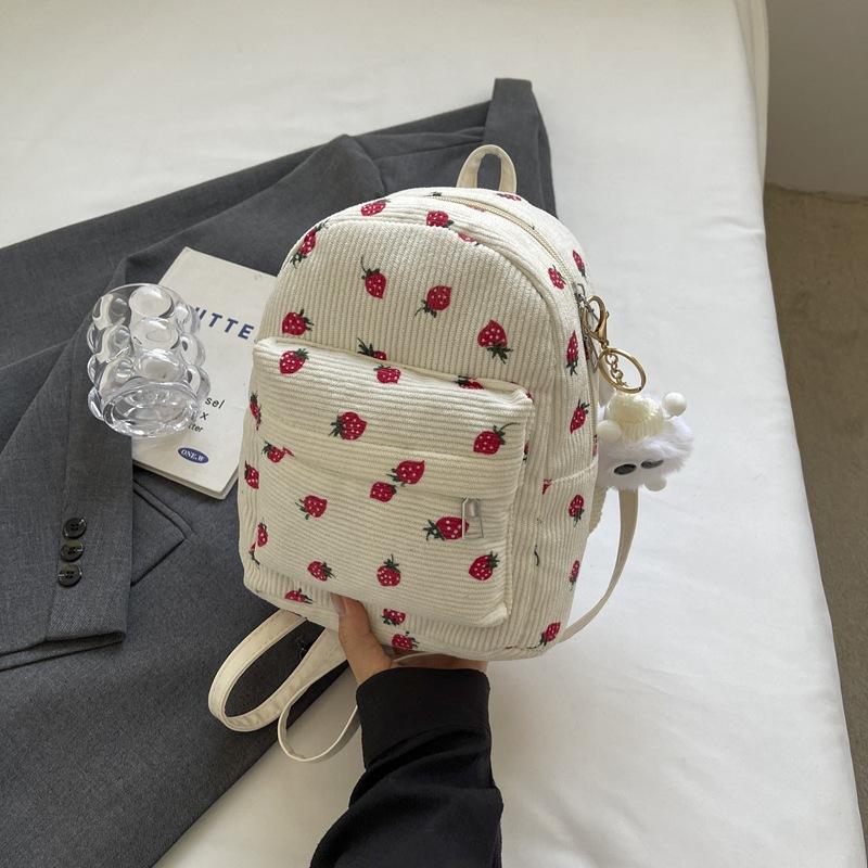 Schoolbag retro corduroy backpack women's 1011 new Korean version simple casual large capacity strawberry print commuter backpack