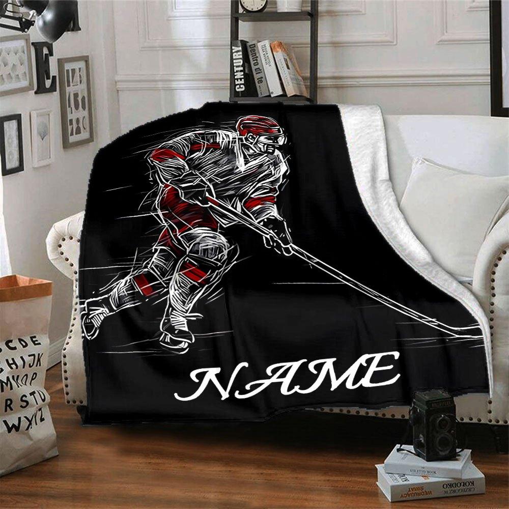 Ice Hockey Player In Action With Dynamic Lines And Bold Colors Multipurpose Customizable Blanket Customize Text Warmthful Decor Great For Sofa Couch
