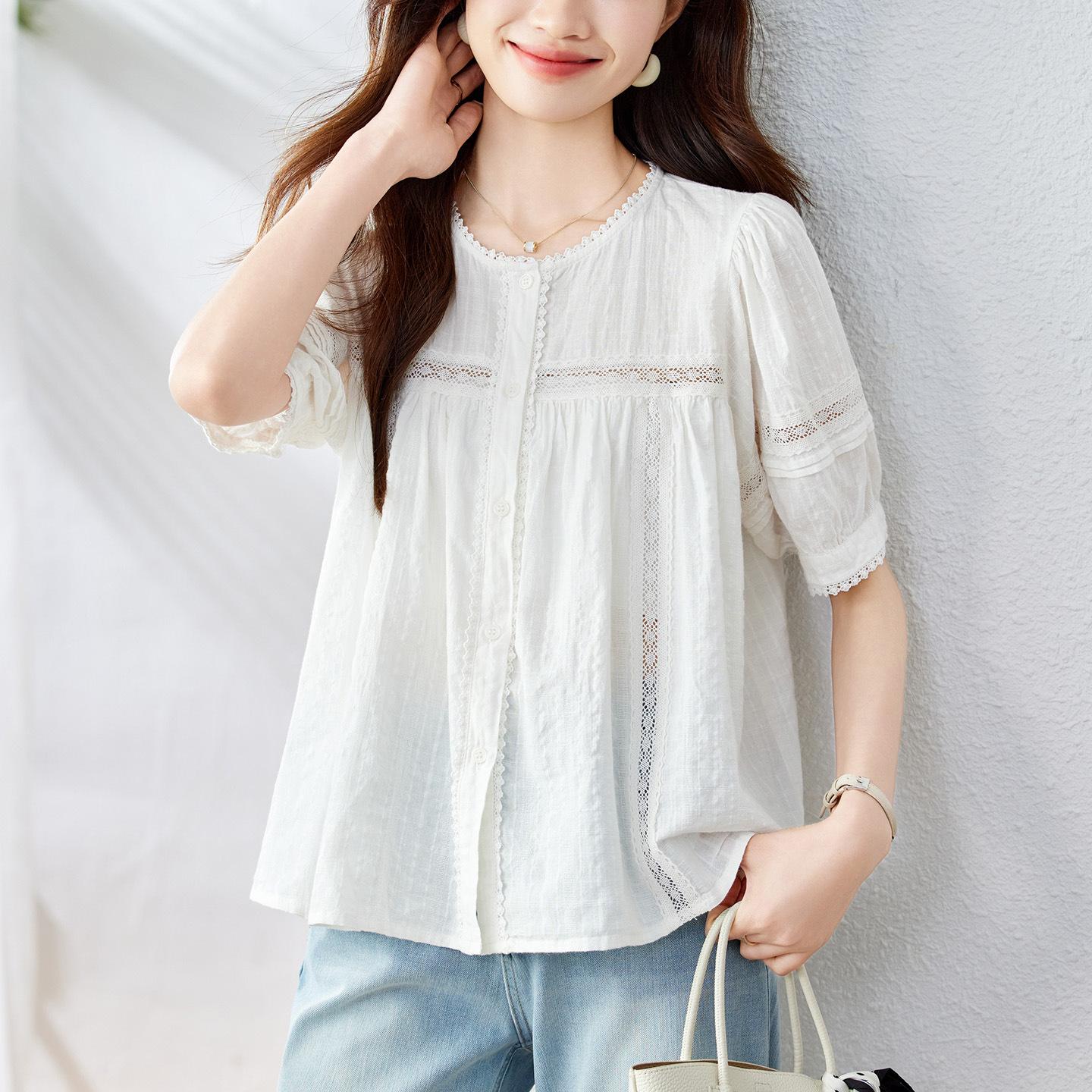 

Французская белая рубашка из чистого хлопка для женщин, с короткими рукавами, новая, топ с маленьким кружевом и рукавами-буфами M белый