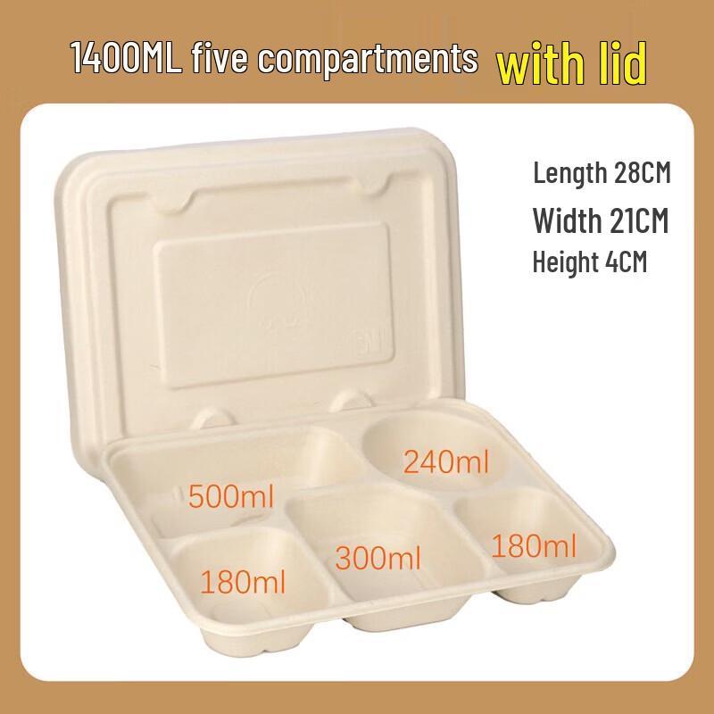 Degradable 5-Compartment Bagasse Meal Boxes with Lids