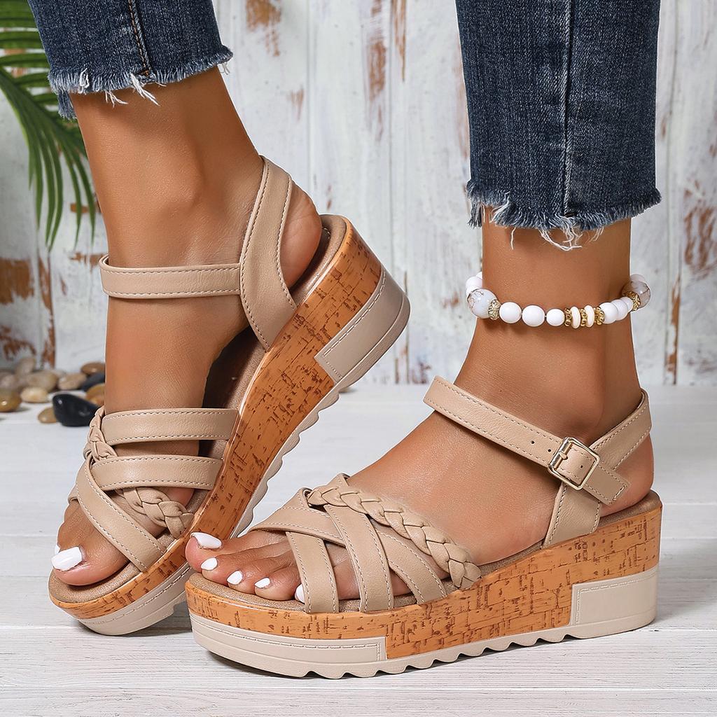 Mode Geflochtene Kreuzriemen Damen Plateau Sandalen Sommer Dicke Sohle Rutschfest Strandschuhe Frau Knöchelriemen Keilsandalen Gladiatorsandalen
