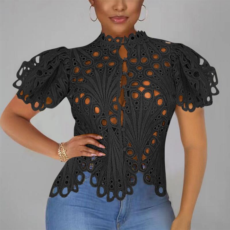Hollow Out Nightclub Women Sexy Blouse Puff Sleeve Vintage Summer Top Button Up Stand Irregular Elegant Shirts Lady Blusas 26527