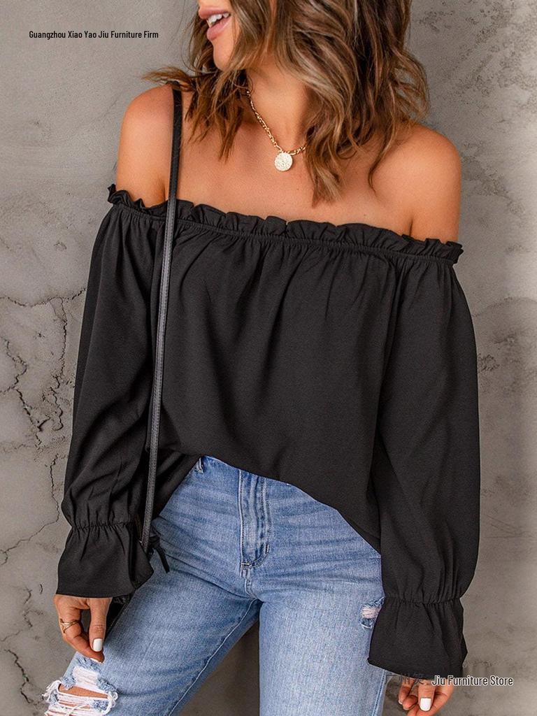 Women's Off-the-Shoulder Chiffon Blouse - European and American Style, Solid Color Pullover for Spring and Autumn, Sexy & Elegant.