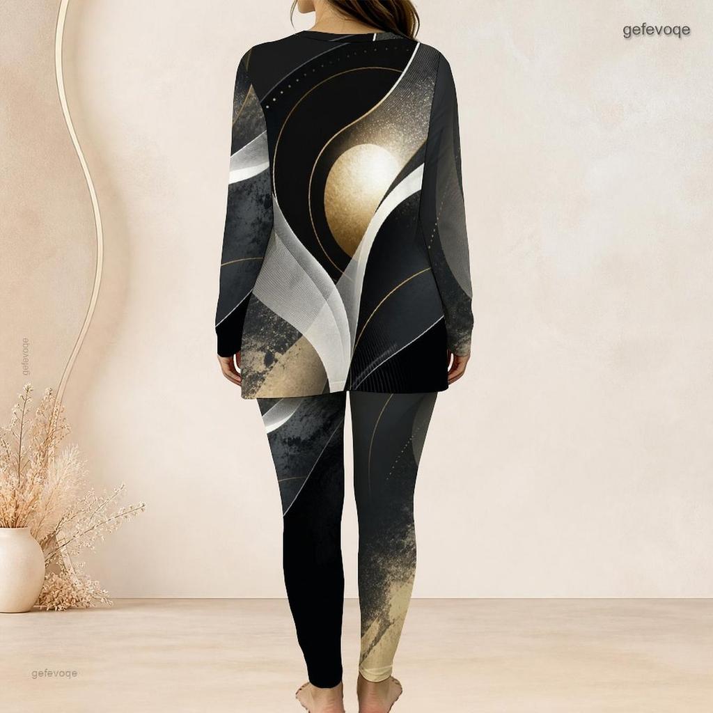 Women Plus Size Two Piece Set Round Neck Long Sleeve Colorful Splash Print Top And Long Pants