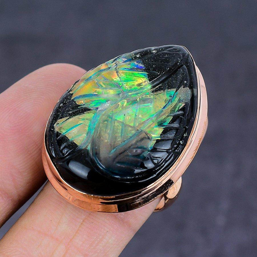 Natural Ammolite Gemstone Handmade Copper Jewelry Ring Size 9 Q5D35