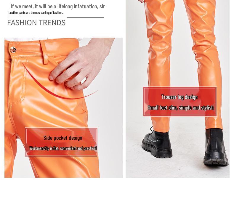 Spring/Summer Men's Slim Fit Elastic Leather Pants - Green Bar Orange, Breathable & Lightweight