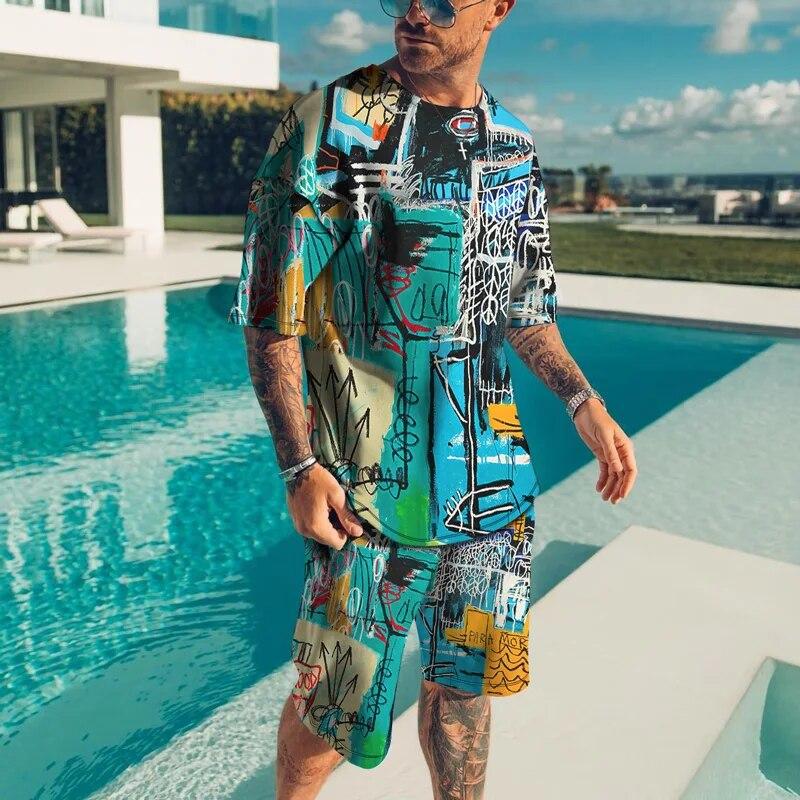 Personality Harajuku 3D Men's T-shirt Sets Casual Streetwear Oversized T-Shirt Shorts 2 Piece Set Summer Tracksuit Man Clothing
