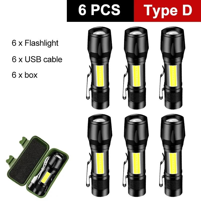 1-6PCS Mini Portable LED Flashlight COB Light Telescopic Zoom Torch USB Rechargeable Tactical Camping Hiking Emergency Lantern
