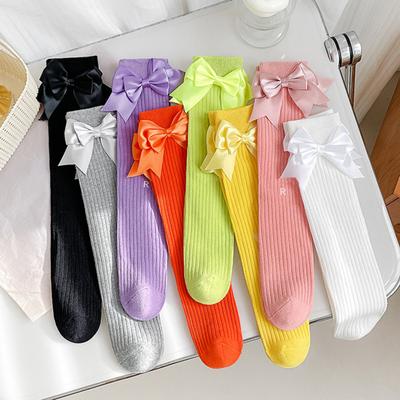 1 Paar Kinder Schleife Kniehohe Baumwollsocken Baumwolle Lange Socken Entzückende Atmungsaktive Wadenlange Socken für Kleinkinder 3-12J
