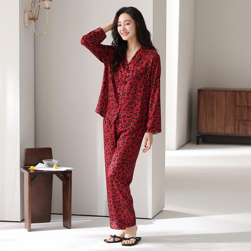 Pajamas women spring and autumn spring ice silk long-sleeved trousers loungewear natal year red leopard print suit can be worn outside