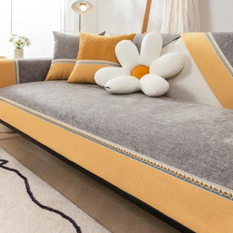 

Splicing Yellow Wide Edge Sofa Cover Luxury Cotton Linen Universal Non-slip Leather Sofa Cushion Furniture Protector Living Room 70x70cm 1pcs
