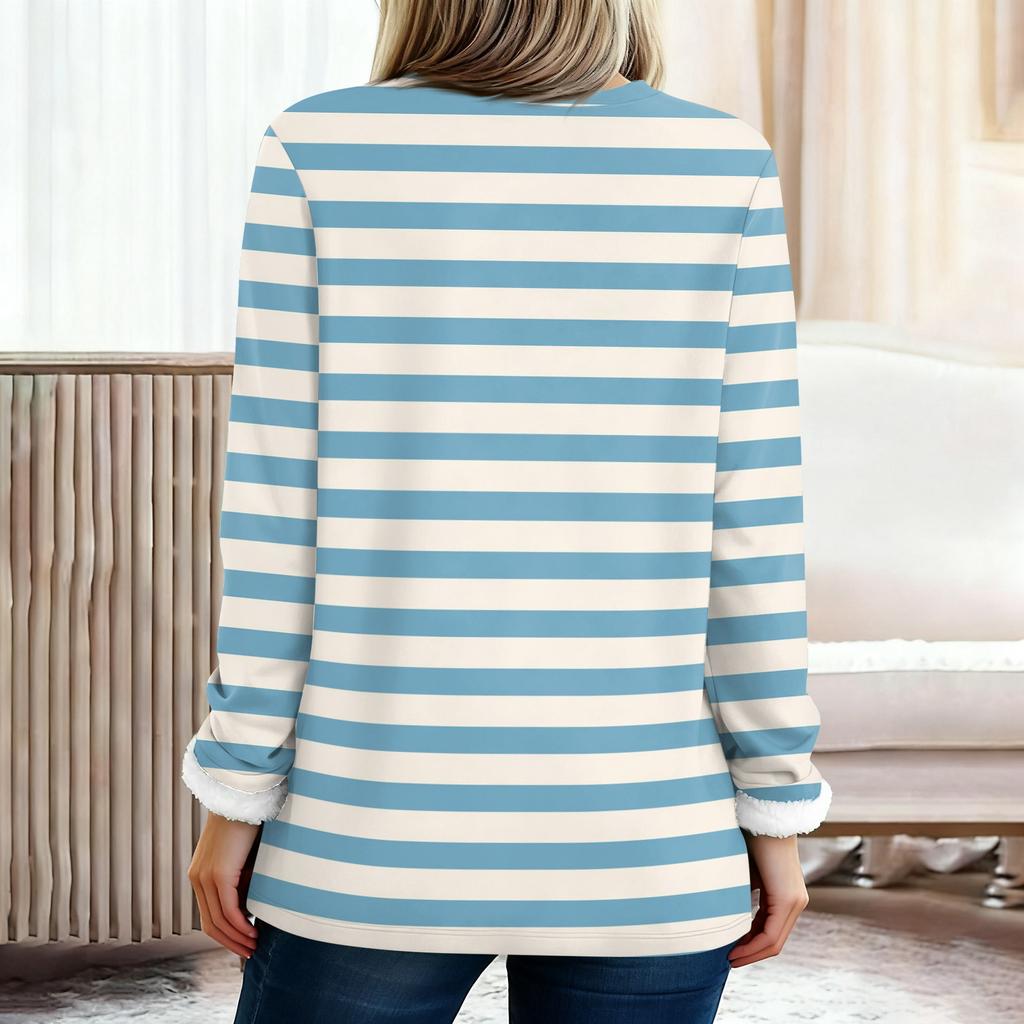 Women's Fashionable Printed Round Neck Long Sleeved Plush Warm Pullover Top