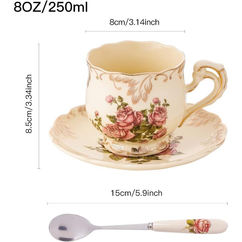 European Porcelain Tea Cups and Saucers Set, Vintage Floral Tea Cups Set, Ivory Gold Trim Floral Coffee Cups Set 8 Ounce