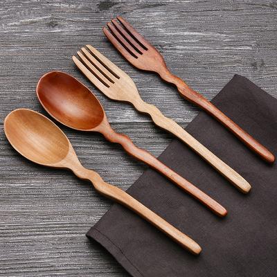 Shaped Solid Wood Fork Wooden Spoon Japanese Long Handle Fruit Fork Dessert Fork Cake Wooden Spoon Fork Cutlery Natural Logs
