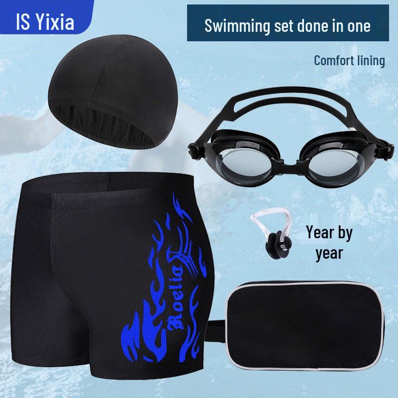 Nylon Flame Men's Swim Trunks & Goggles Set - Quick-Dry Square Leg Training Swimwear