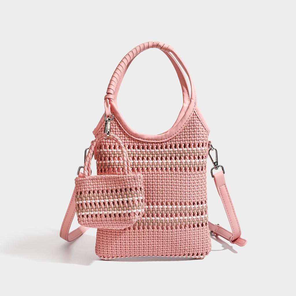 New color blocking woven handbag with female niche design, fashionable mobile phone bag, versatile hollow shoulder bag