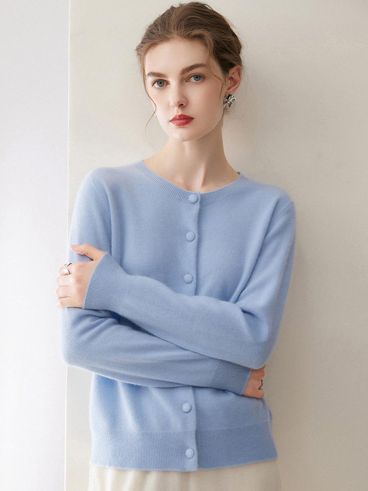 Kangsai 100% Pure Cashmere Women's Round Neck Cardigan - Autumn/Winter Knit Sweater Jacket Top