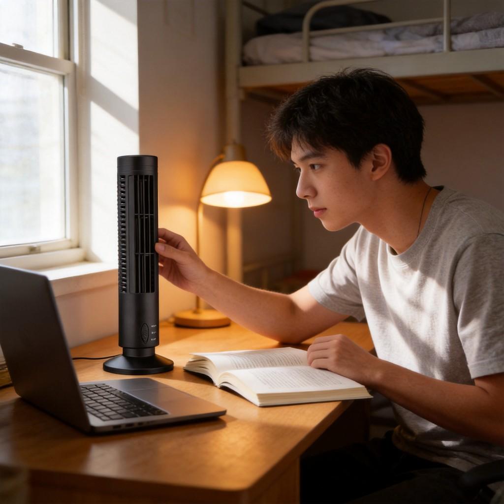 Mini-Turmventilator mit augenschonendem LED-Licht und Stromversorgung für Studenten